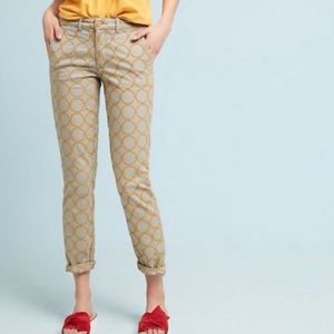 Anthropologie‎ Chino Khaki Mustard Yellow Relaxed Rolled Embroidered Pants Sz 27